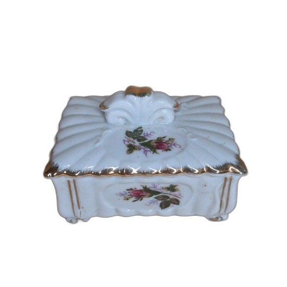 Rose Lidded Trinket Dish Vintage Porcelain 4" x 3" Gold Trimmed - Picture 2 of 6